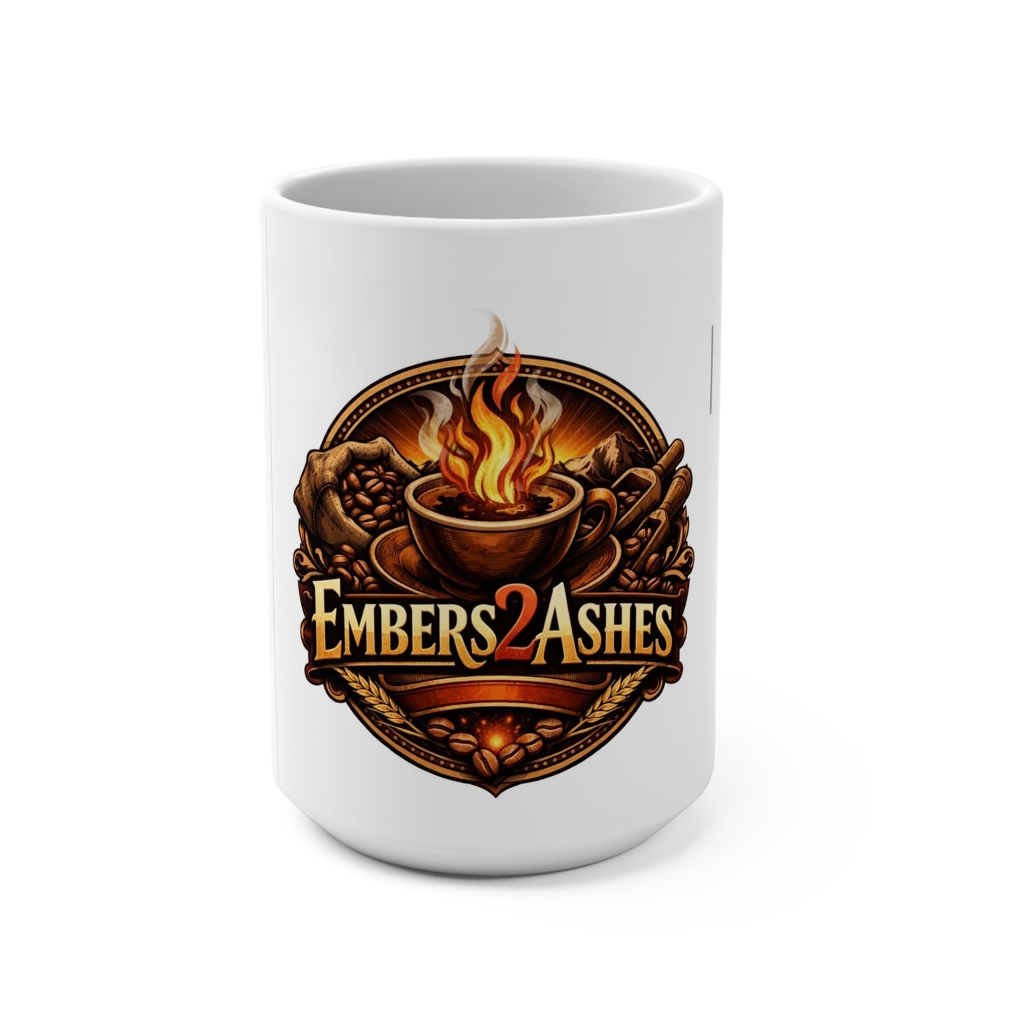 Embers2Ashes 15oz Coffee Mug — Rustic Campfire Logo Mug for Coffee & Tea Lovers
